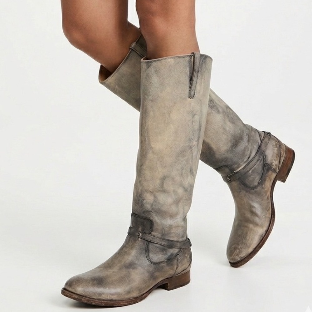 Frye Lindsay knee High Tall Leather boots distressed Gray Riding Size 9B Mottled